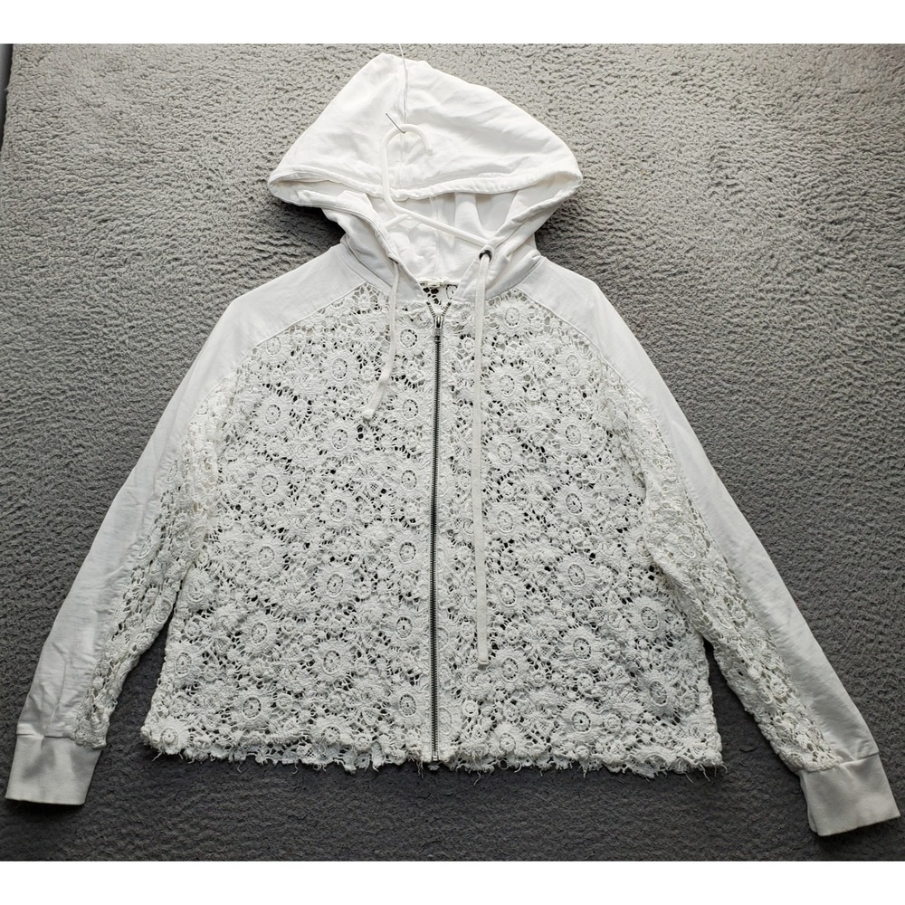 Eze Sur Mer Crochet Lace Hoodie Womens XS White Long Sleeve Full Zip Drawstring